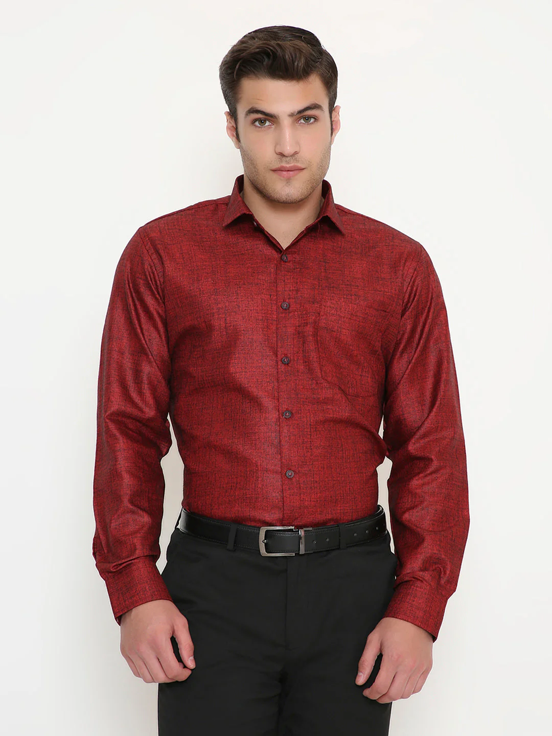 Poly Viscose Slim Fit Solid Shirt in Red - Image 13