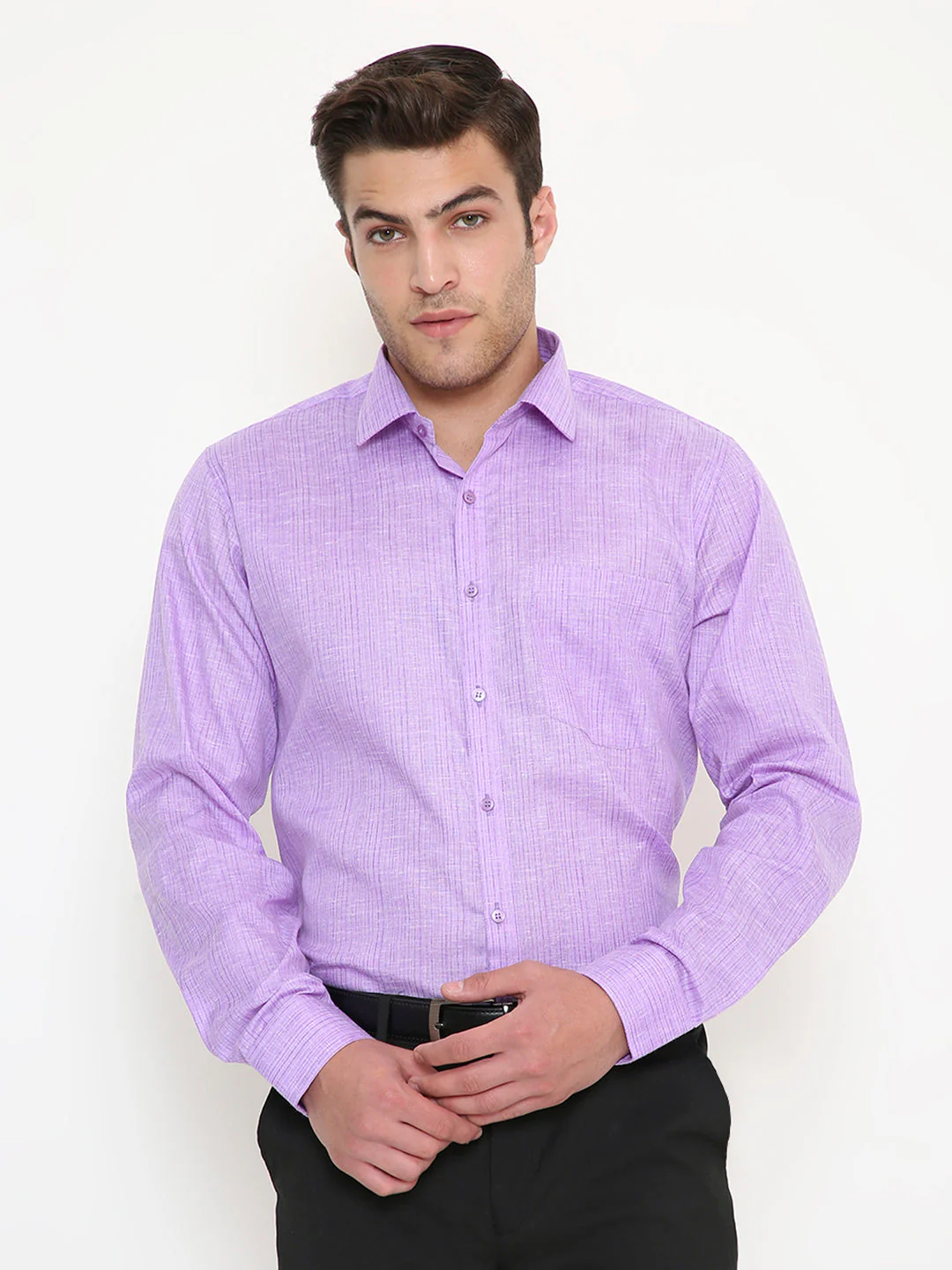 Poly Viscose Slim Fit Vertical Striped Shirt in Purple