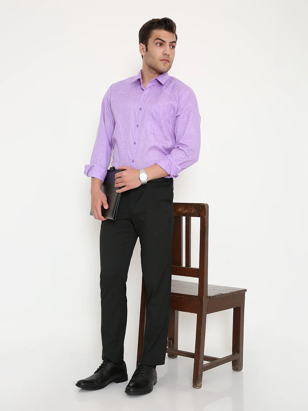 Poly Viscose Slim Fit Vertical Striped Shirt in Purple - Image 6