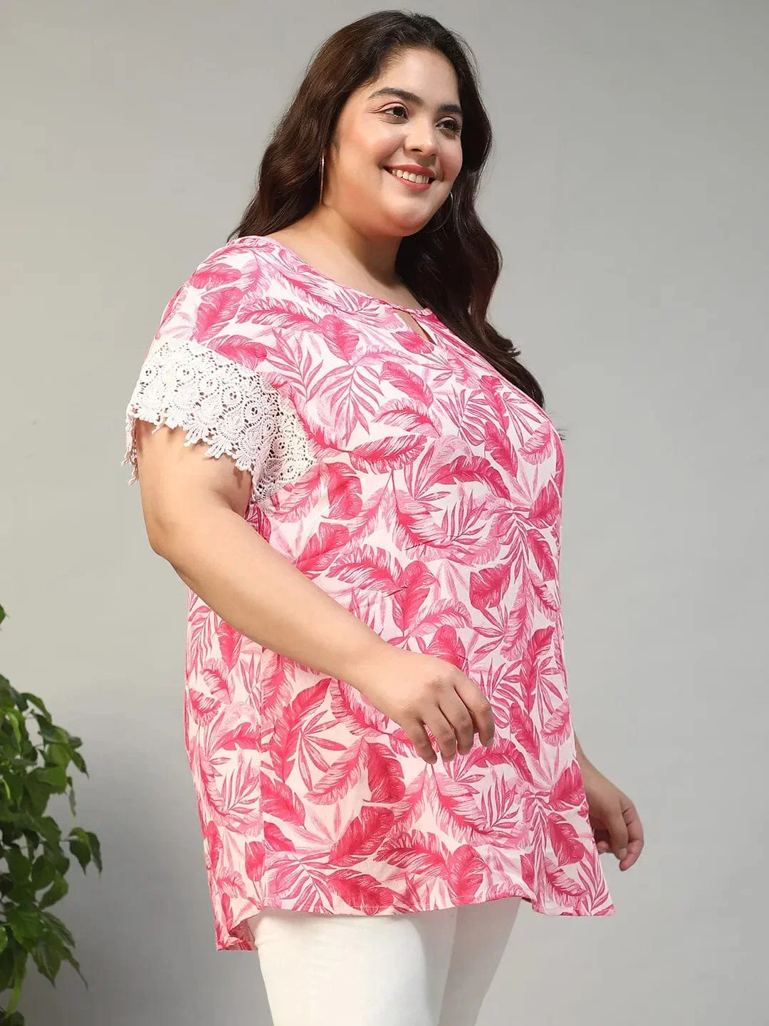 Pop Pink Tropical Print Key Hole Neck Short Lace Detail Sleeves Plus Size Women Top - Image 4