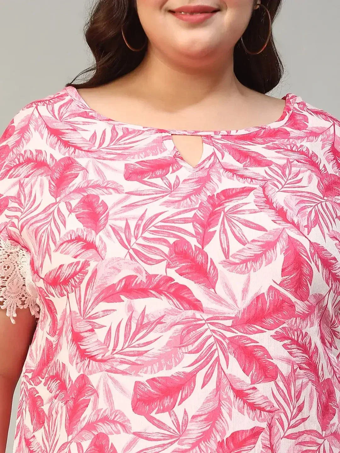 Pop Pink Tropical Print Key Hole Neck Short Lace Detail Sleeves Plus Size Women Top - Image 6