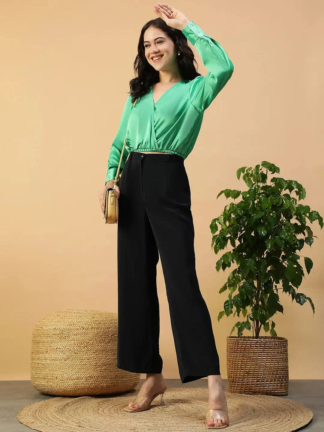 Popy Solid Green Long Sleeve Elasticated Women Satin Crop Top - Image 8