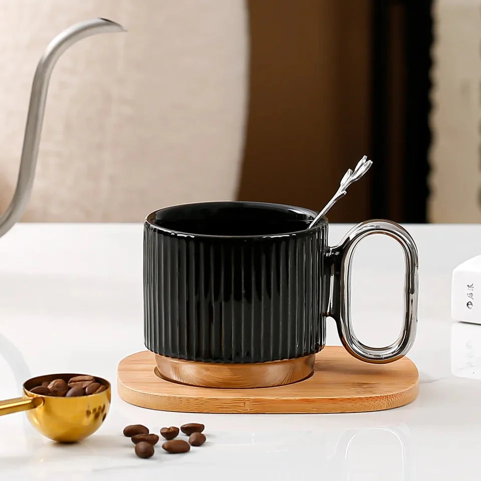 Porcelain Coffee Cup and Saucer Set with wooden tray - Image 7