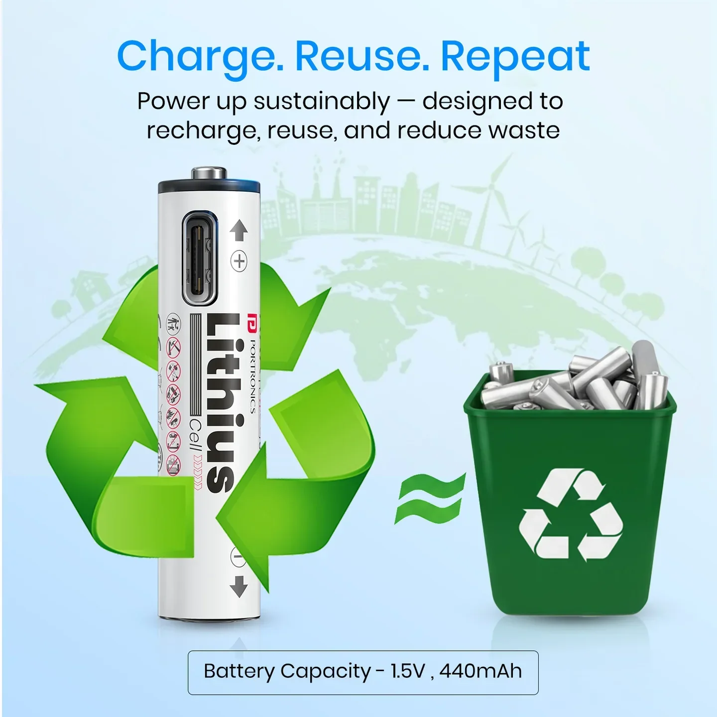 Portronics AAA USB C Rechargeable Lithium Ion Battery - 1.5V Fast Charge Cell - Image 4