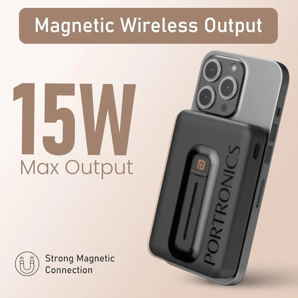 Portronics Revvo 10000mAh MagSafe Wireless Power Bank - 15W With Mobile Stand - Image 2