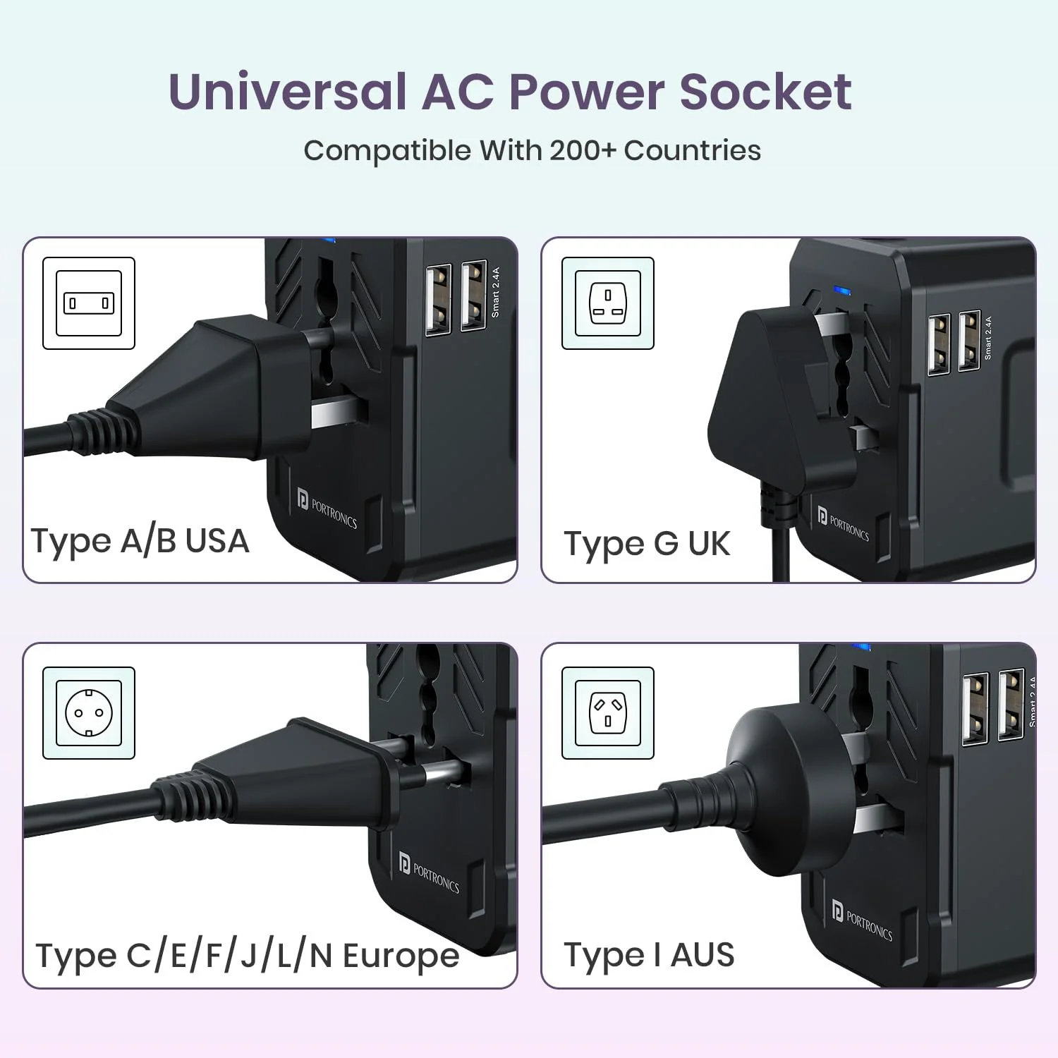 Portronics Universal Travel Adapter 150+ Countries Slidable Plugs - 12W Dual USB - Image 3