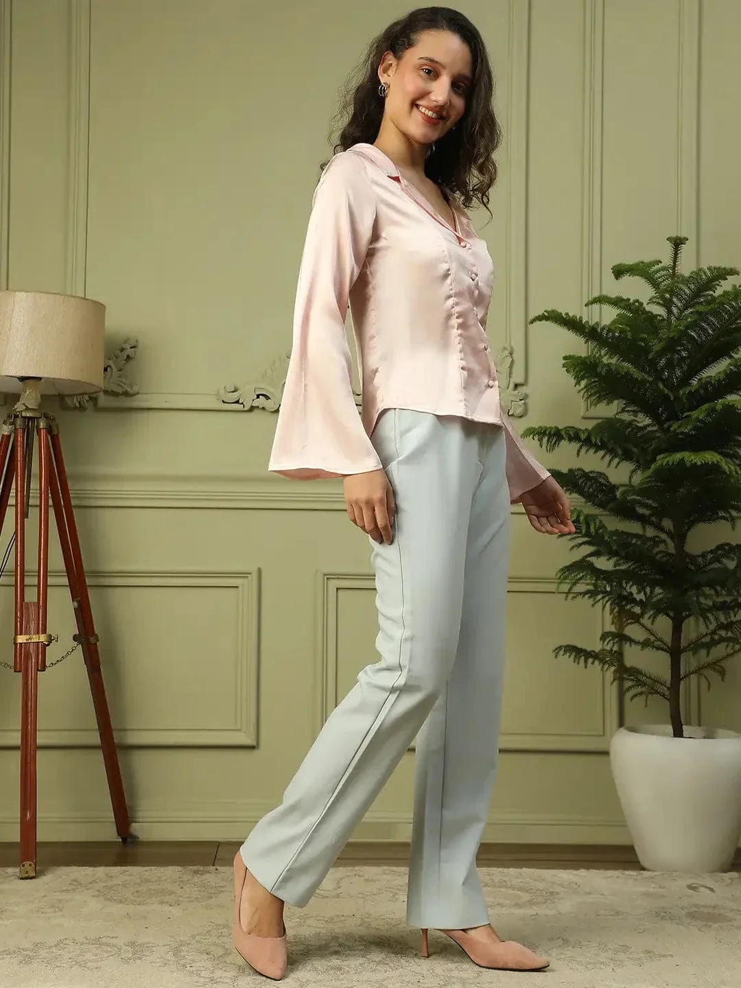 Posy Pink Open Collar Long Sleeve Button Down Women Satin Shirt - Image 2