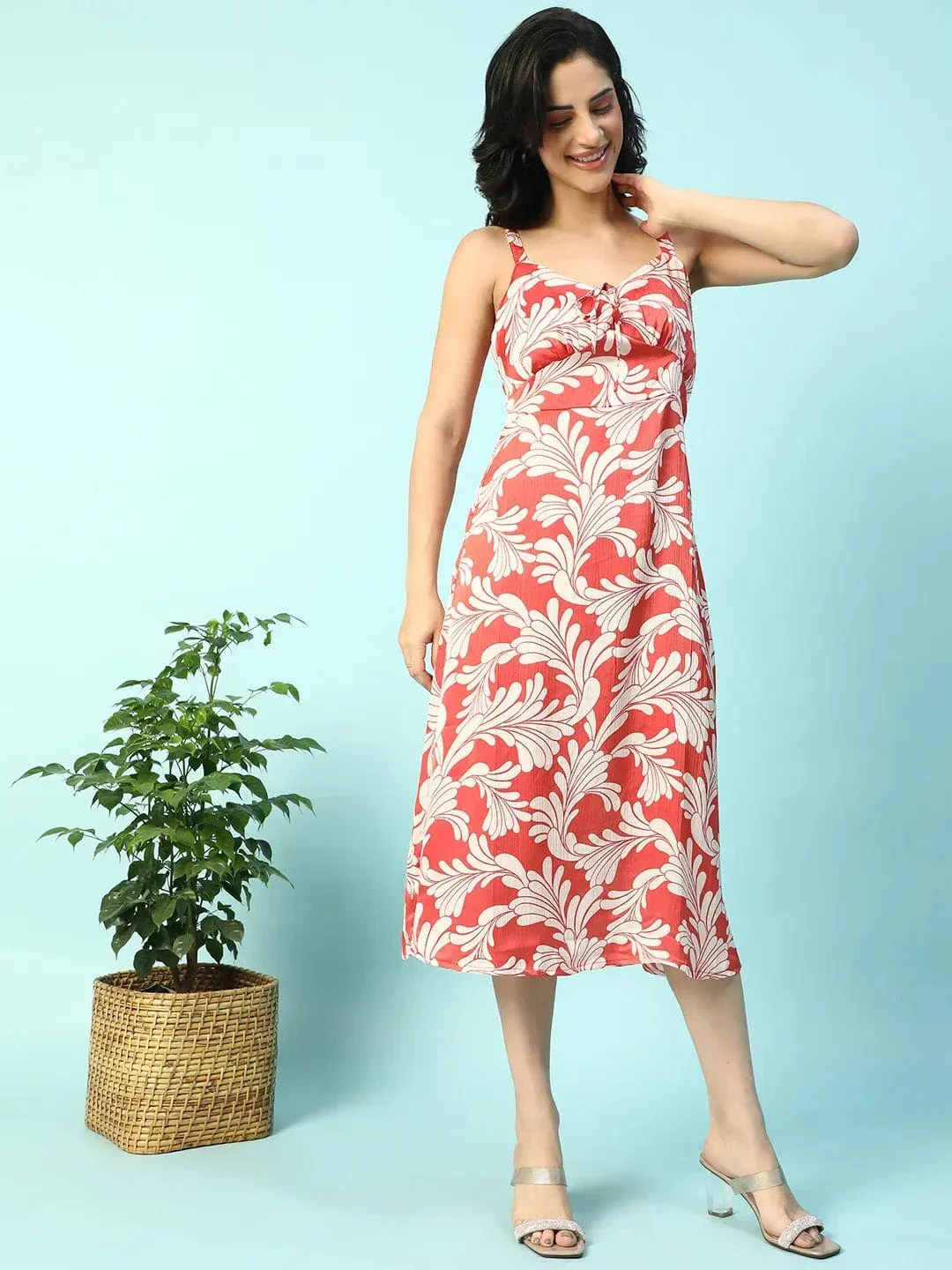 Power Red Floral Print Shoulder Strap Sleeveless Women Satin Dress - Image 3