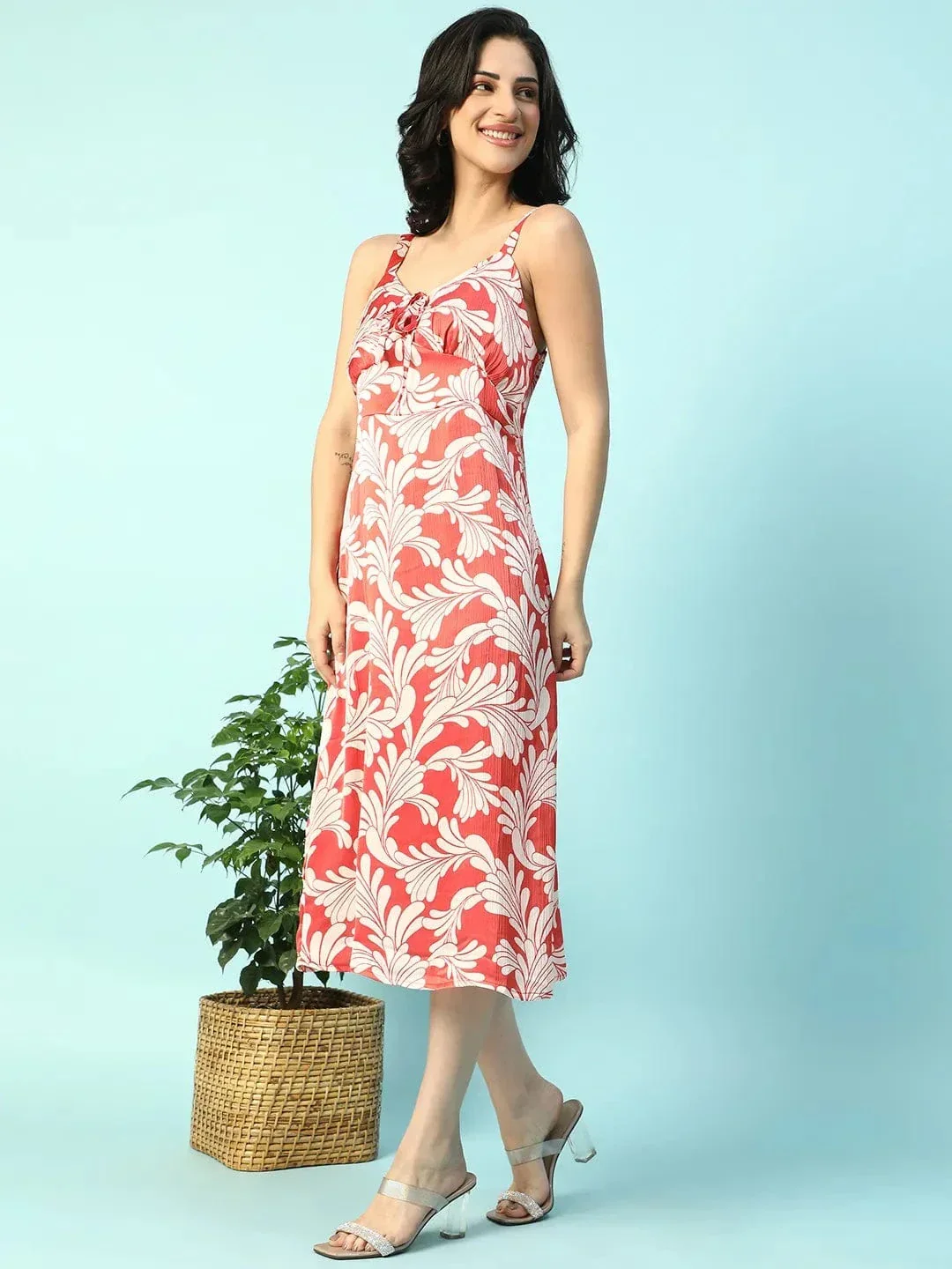 Power Red Floral Print Shoulder Strap Sleeveless Women Satin Dress - Image 4