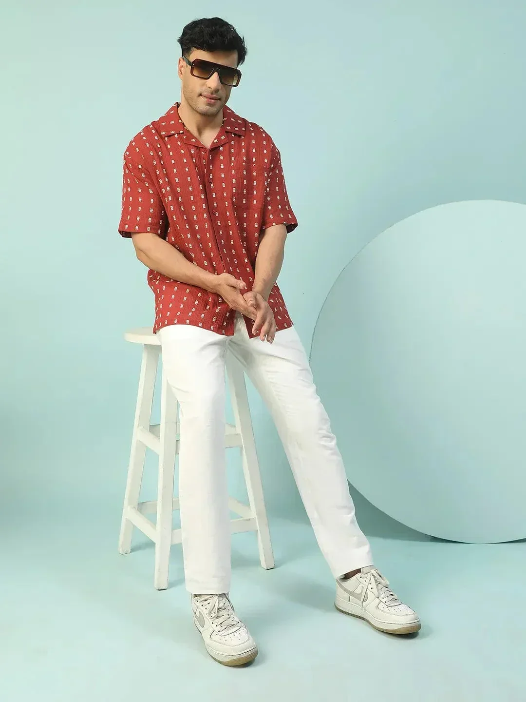 Powerhouse Rust Lapel Collar Short Sleeve Men Oversized Cotton Dobby Shirt - Image 2