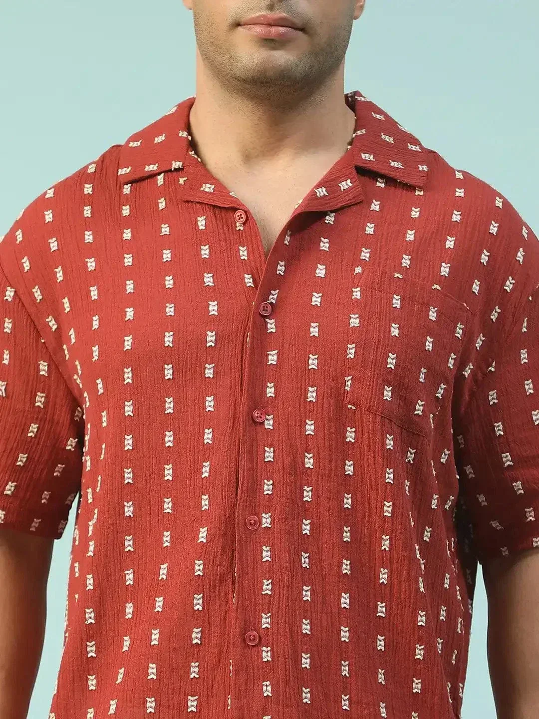 Powerhouse Rust Lapel Collar Short Sleeve Men Oversized Cotton Dobby Shirt - Image 6
