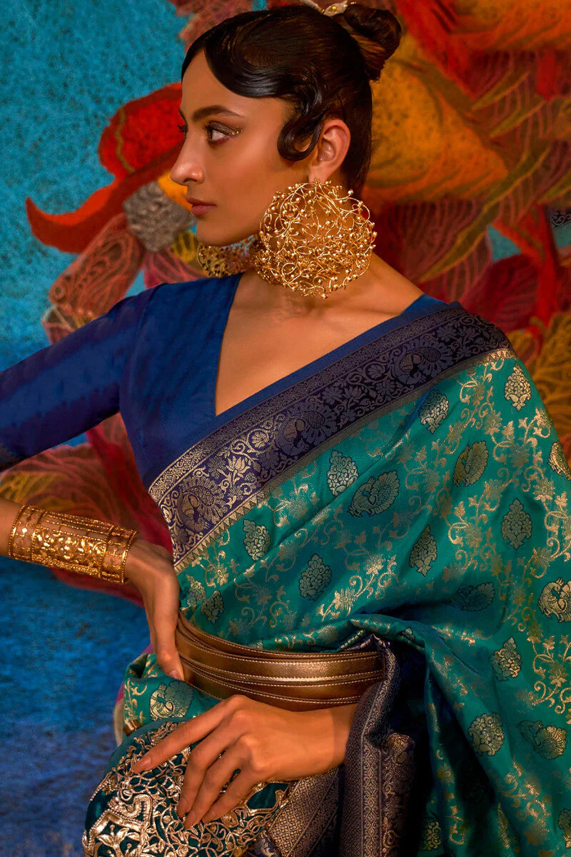 Preferable Rama Kanjivaram Silk Saree With Traditional Blouse Piece - Image 2