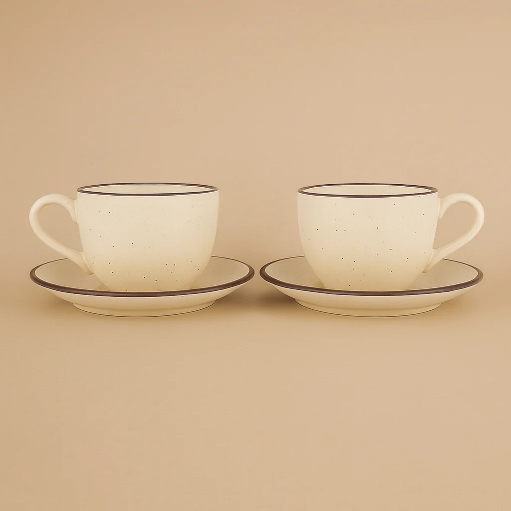 Premium Ceramic Cup & Saucer Set | Set of 2| Speckled Beige with Brown Rim | Handmade Stoneware Tea & Coffee Cup