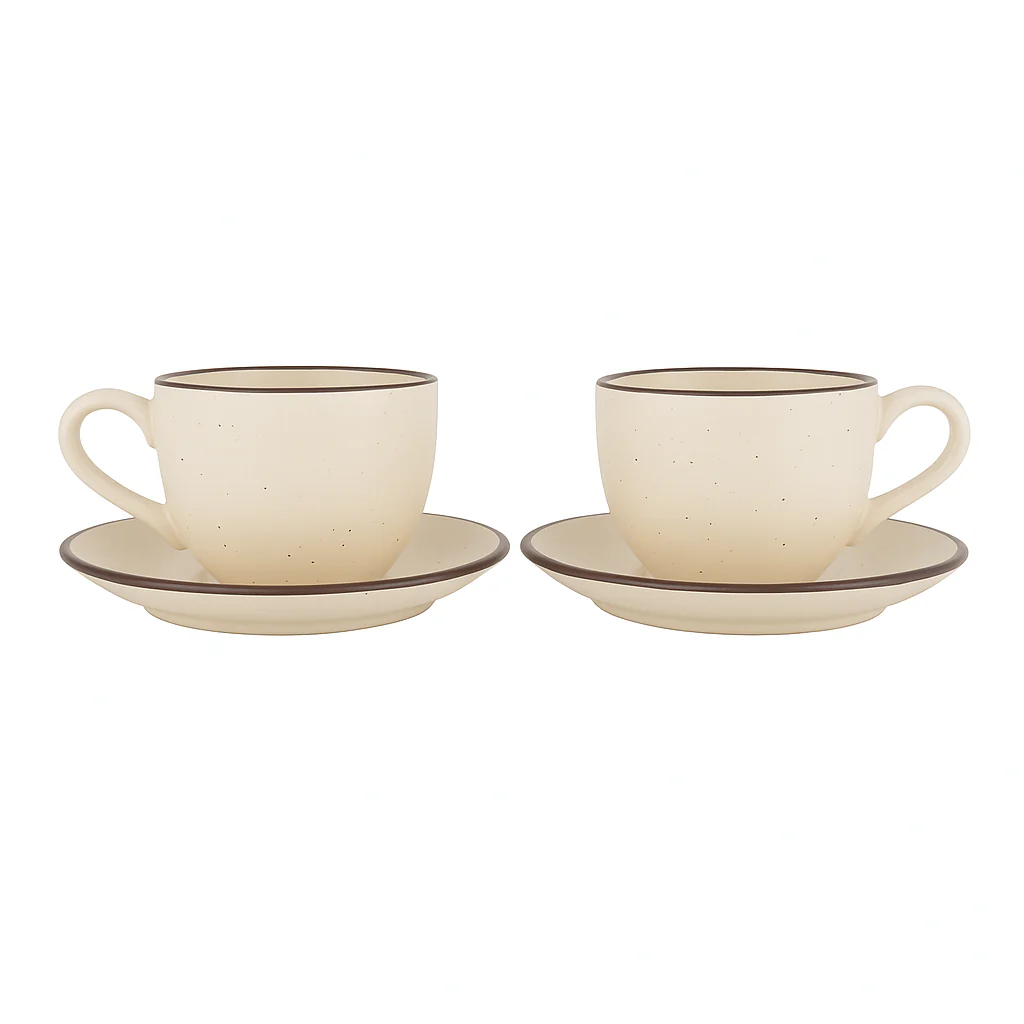 Premium Ceramic Cup & Saucer Set | Set of 2| Speckled Beige with Brown Rim | Handmade Stoneware Tea & Coffee Cup - Image 2