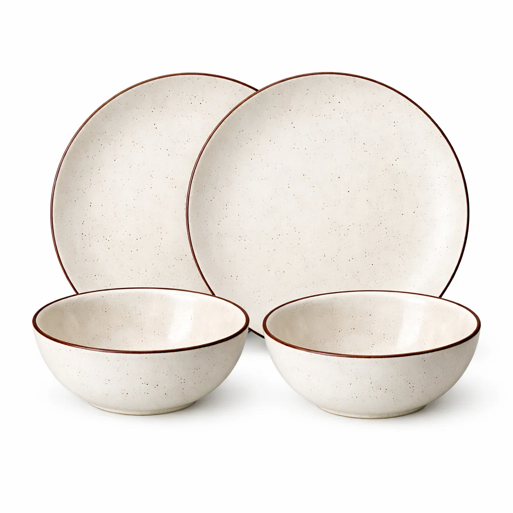 Premium Ceramic Dinner Set | Speckled Matte Beige Stoneware Plates & Bowls | Handcrafted with Brown Rim | Microwave & Dishwasher Safe - Image 3