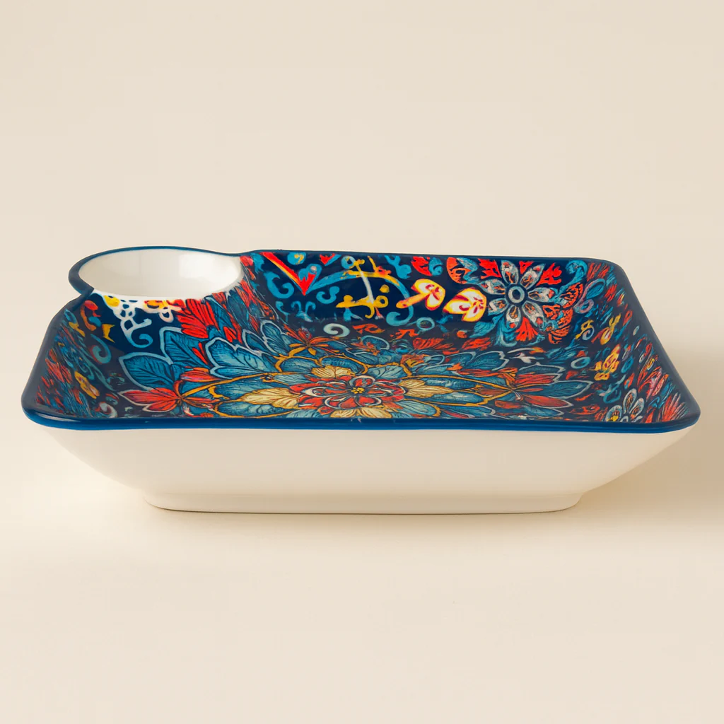 Premium Ceramic Snack Plate with Dip Bowl – 24 x 24 cm Square Serving Dish - Image 2