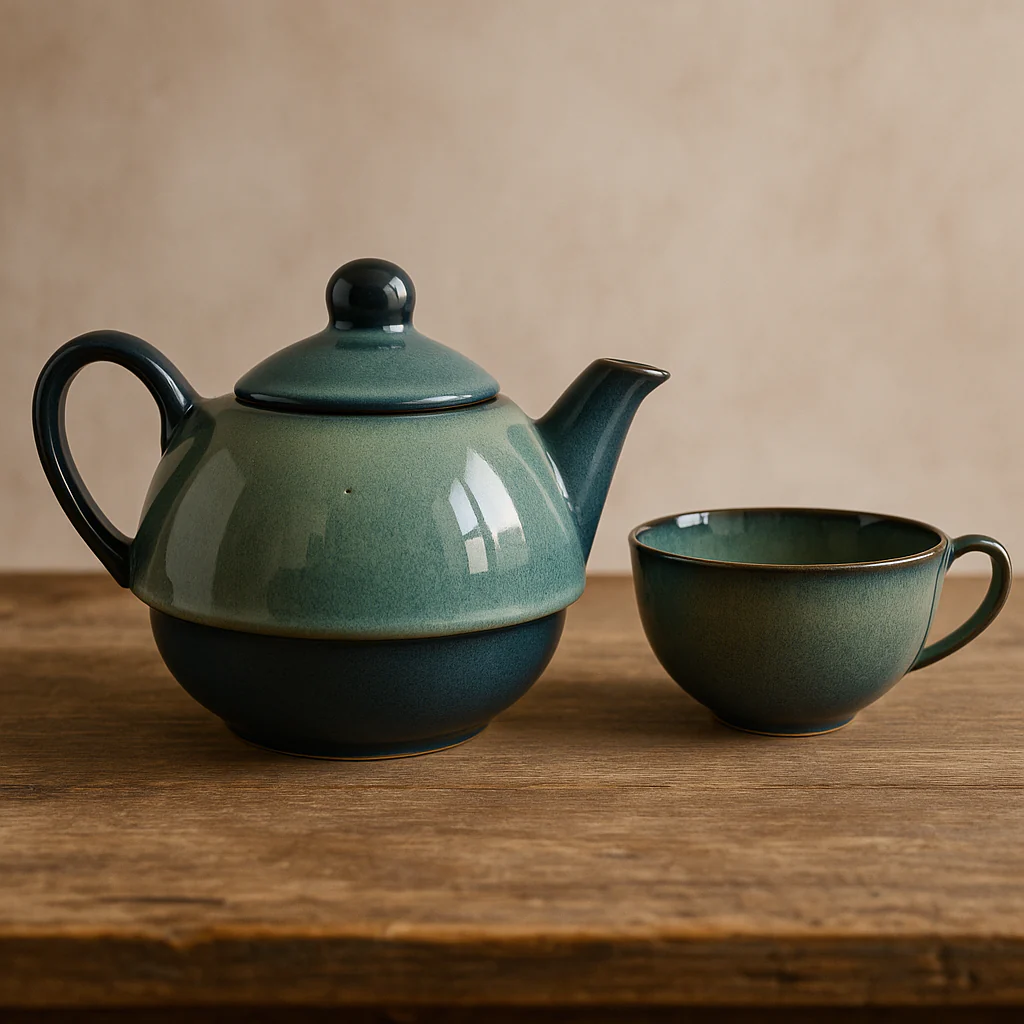 Premium Ceramic Stackable Teapot with Cup Set | Handcrafted Dual-Tone Green Stoneware | Space-Saving Design | Microwave & Dishwasher Safe - Image 2