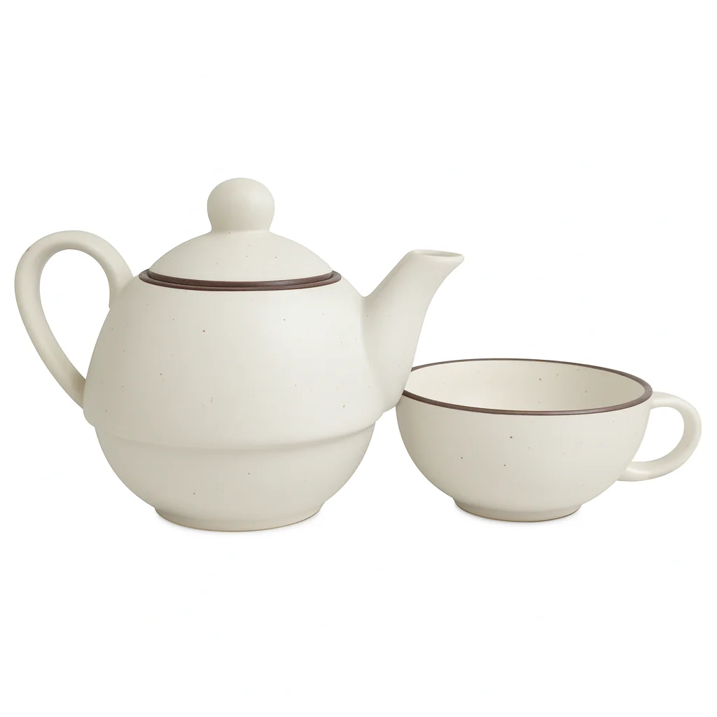 Premium Ceramic Stackable Teapot with Cup Set | Speckled Matte Beige with Brown Rim | Handcrafted Stoneware | Microwave & Dishwasher Safe - Image 6