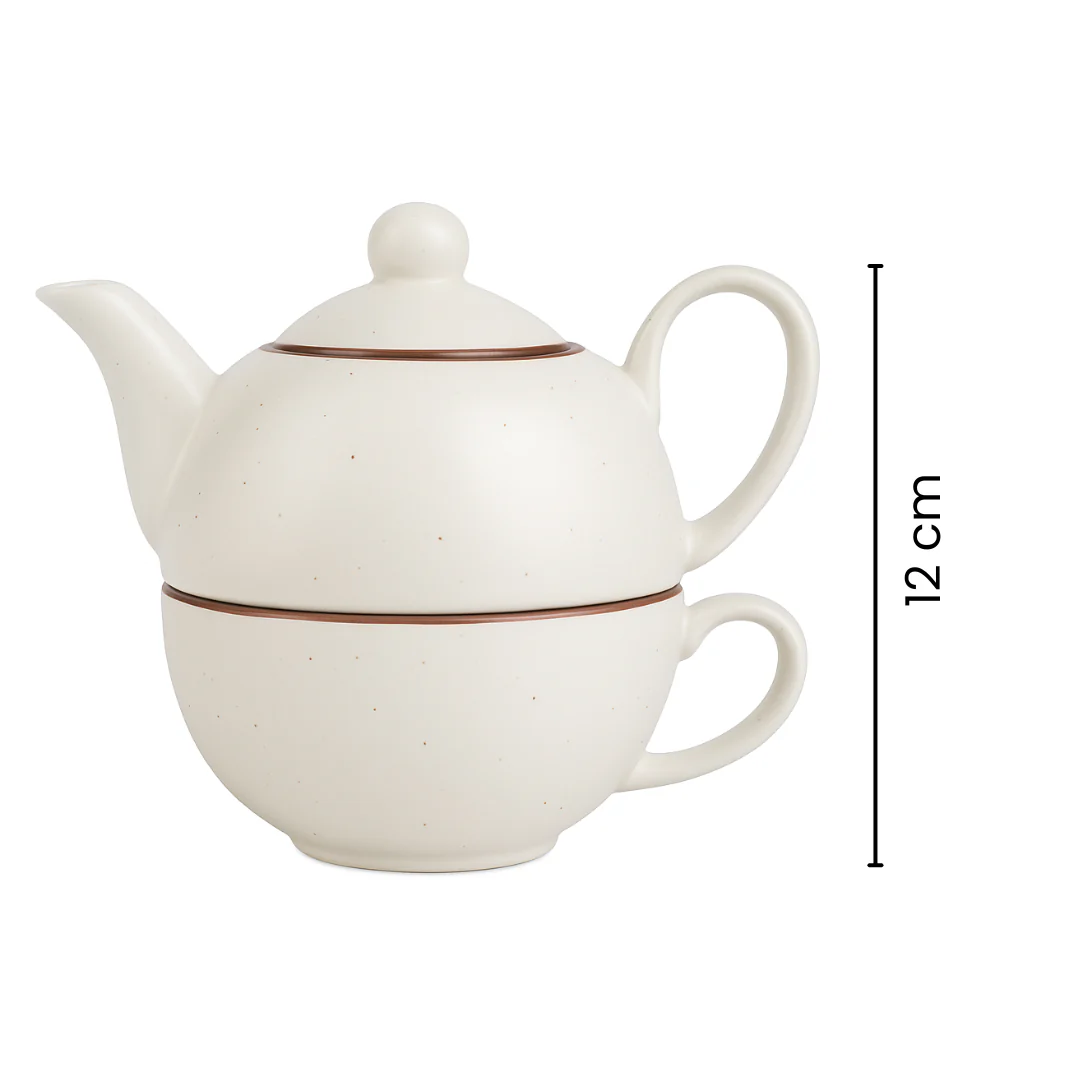 Premium Ceramic Stackable Teapot with Cup Set | Speckled Matte Beige with Brown Rim | Handcrafted Stoneware | Microwave & Dishwasher Safe - Image 7