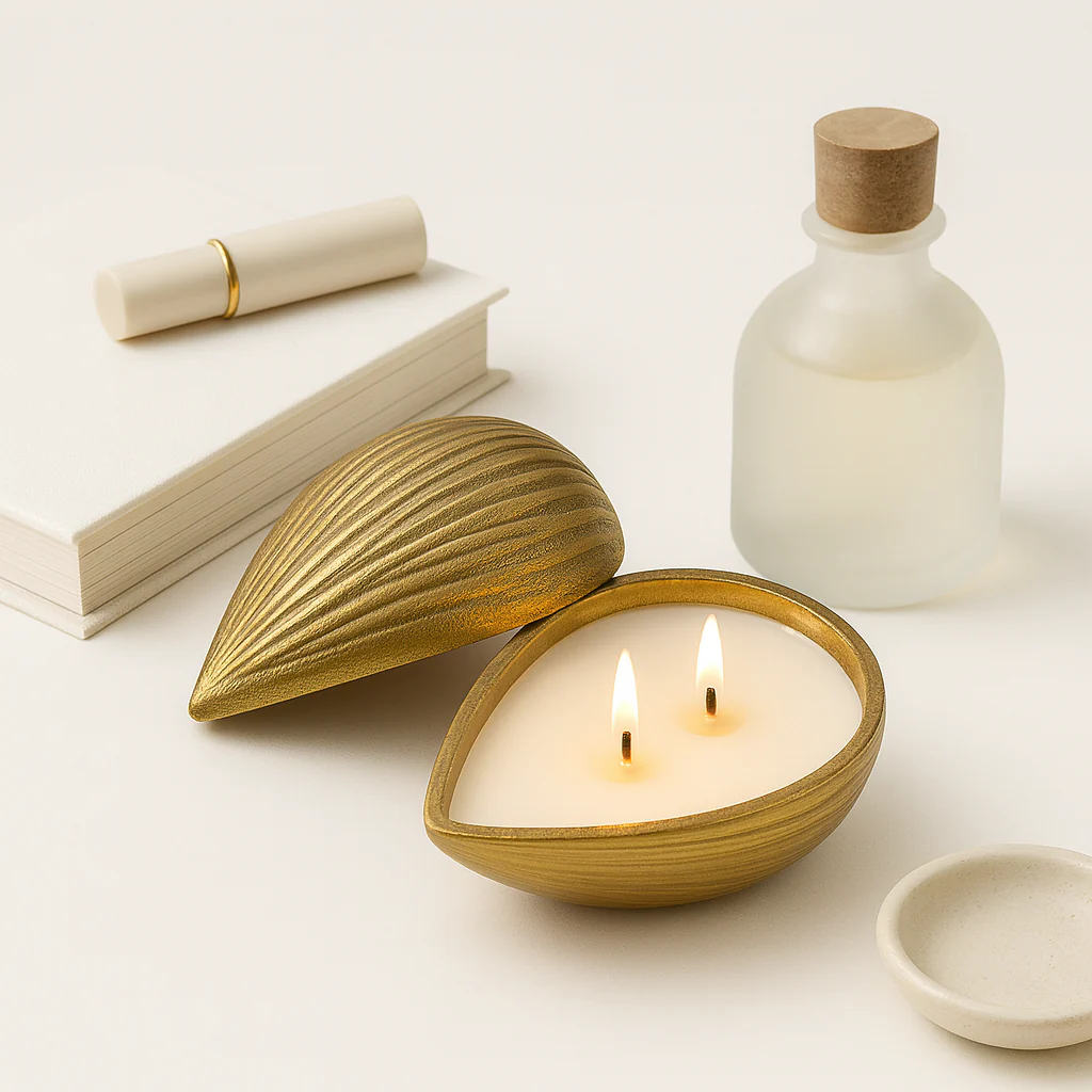 Premium Golden Almond-Shaped Candle with Lid | Pre-Filled Aroma Wax | Decorative Metal Container - Image 6