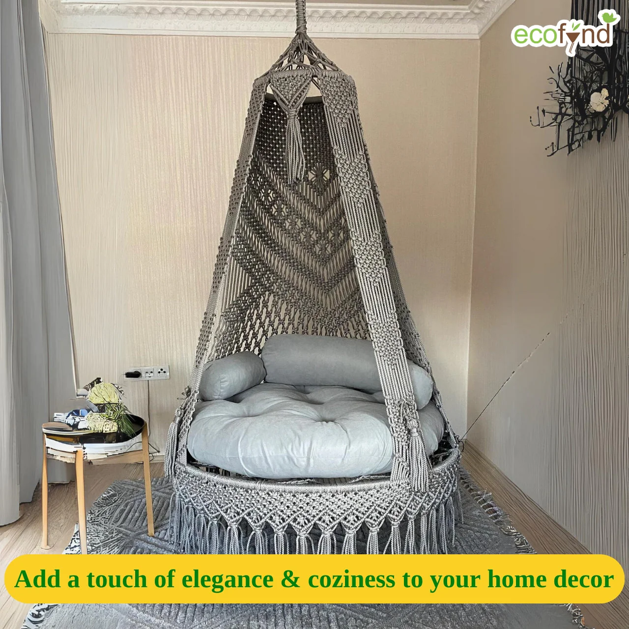 Premium Gray Macrame Swing Hammock with Cushion – Boho Hanging Comfort Chair - Image 2