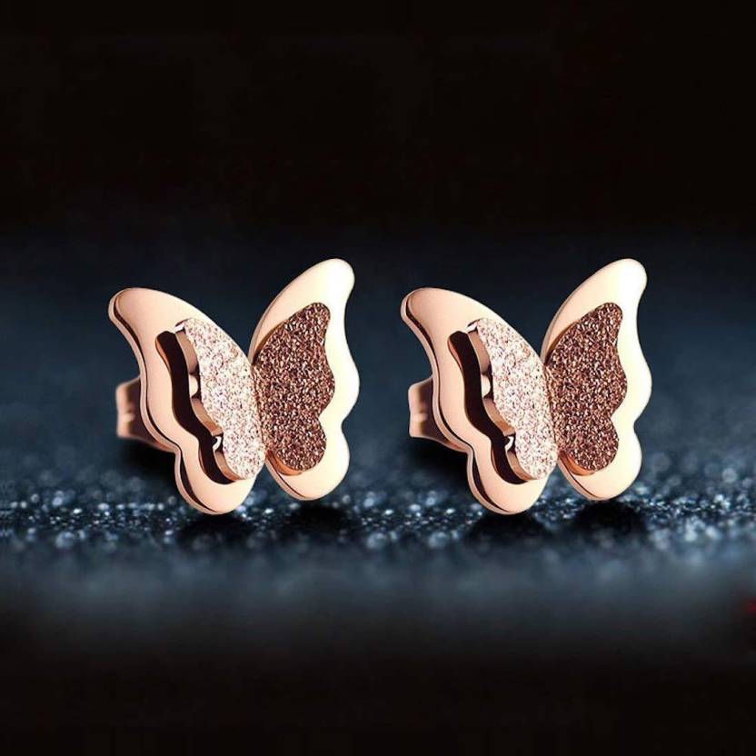 Premium Quality Dual Butterfly Rose Gold Plated Stud Earrings For Girls, Women And Kids - Image 3