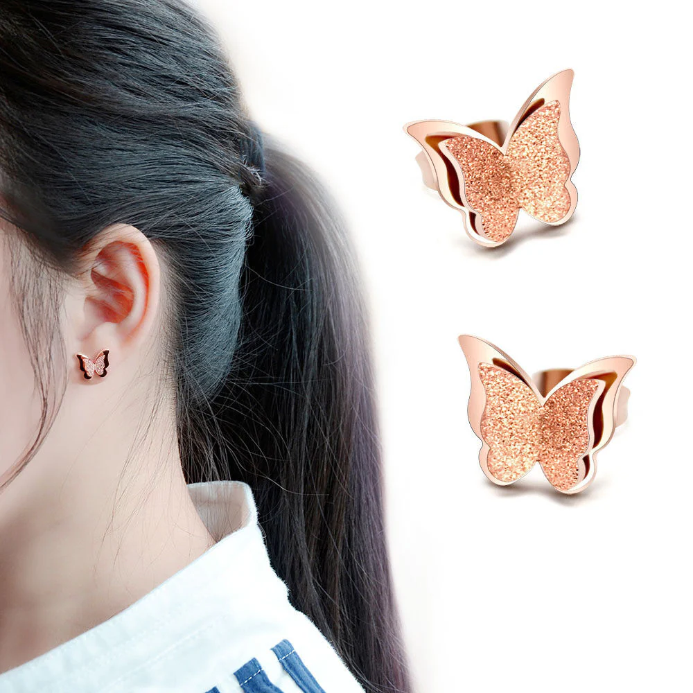 Premium Quality Dual Butterfly Rose Gold Plated Stud Earrings For Girls, Women And Kids - Image 4