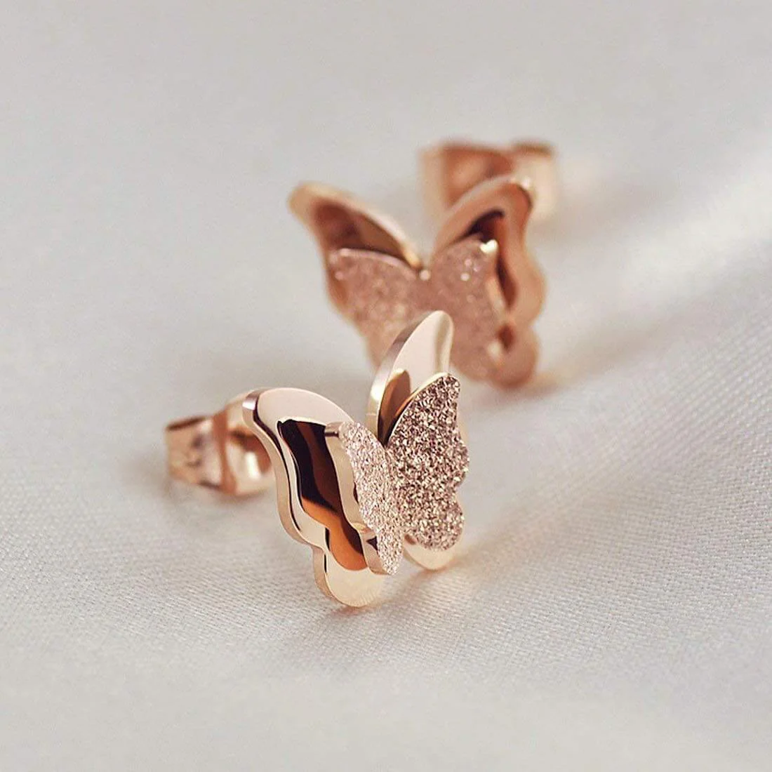 Premium Quality Dual Butterfly Rose Gold Plated Stud Earrings For Girls, Women And Kids - Image 6