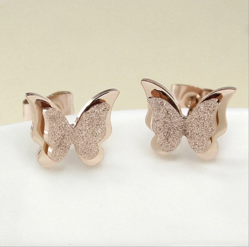 Premium Quality Dual Butterfly Rose Gold Plated Stud Earrings For Girls, Women And Kids - Image 7