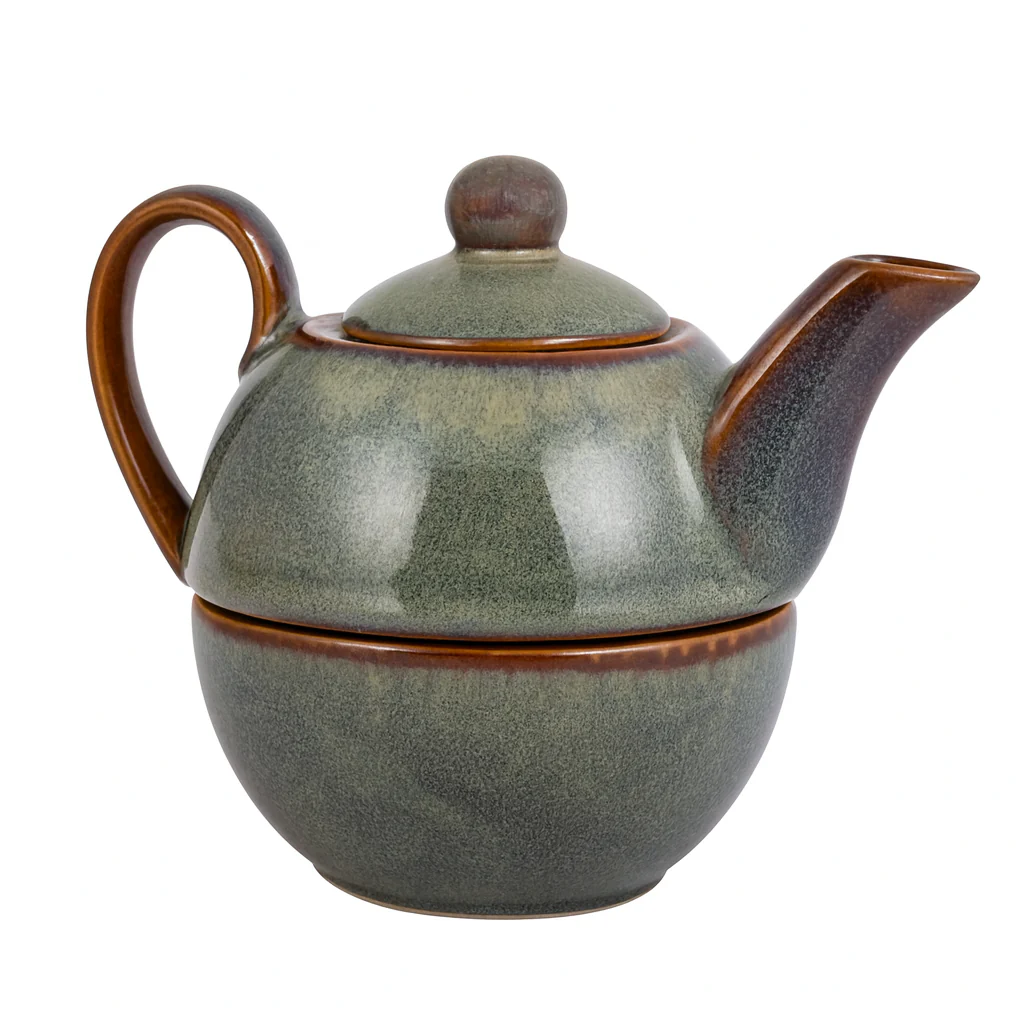 Premium Stackable Ceramic Teapot with Cup Set | Handcrafted Stoneware Tea Pot & Cup | Dual Tone Green Brown | Microwave & Dishwasher Safe | Elegant Tea Serving Set - Image 3