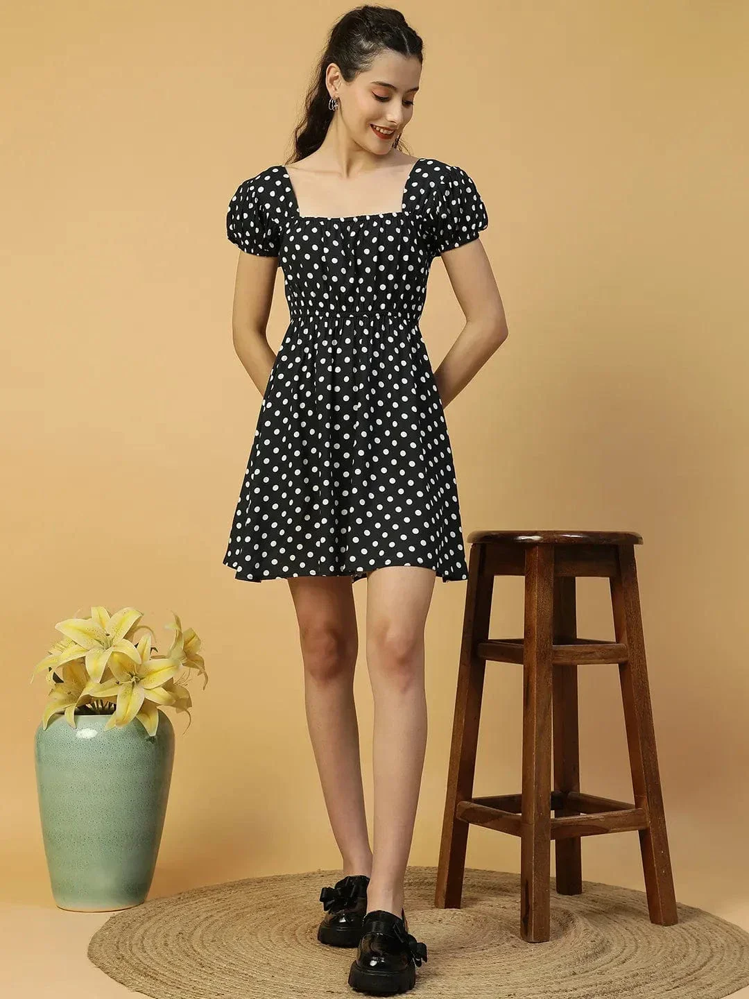 Preppy Black Polka Dot Print Short Sleeve Elasticated Women midi dress - Image 2