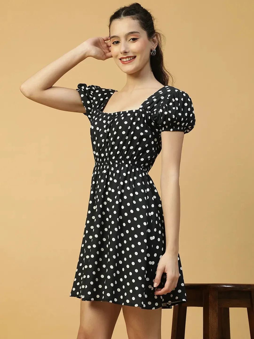 Preppy Black Polka Dot Print Short Sleeve Elasticated Women midi dress - Image 3