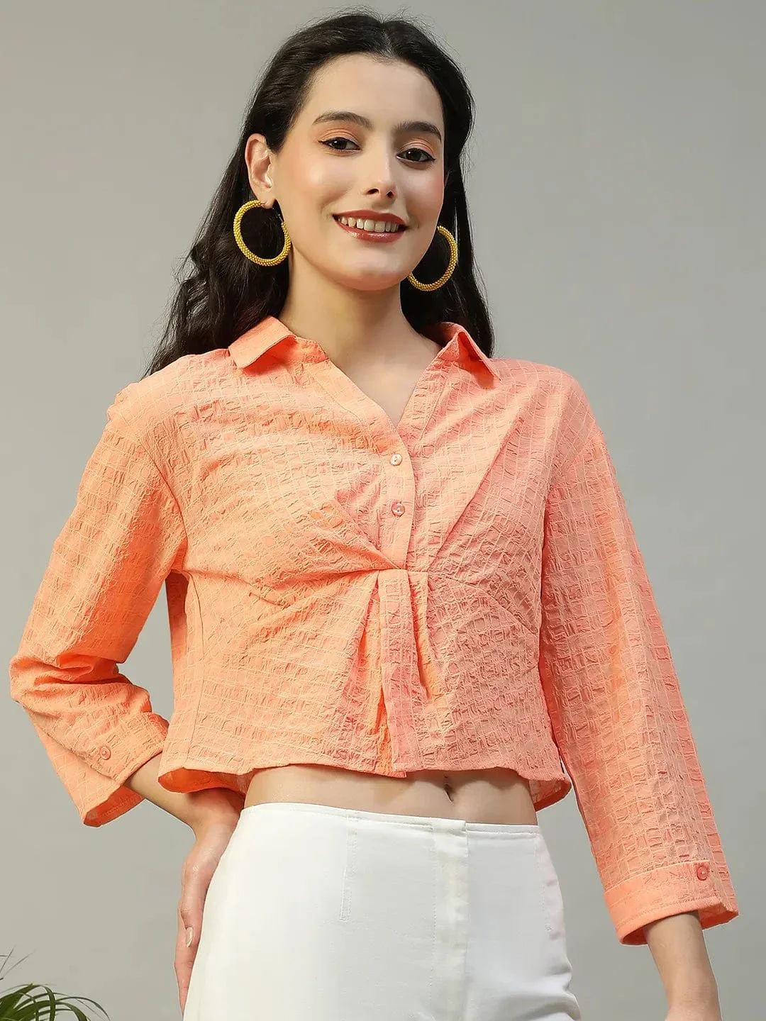 Preppy Coral Long Sleeve Open Collar Women Crop Shirt - Image 4
