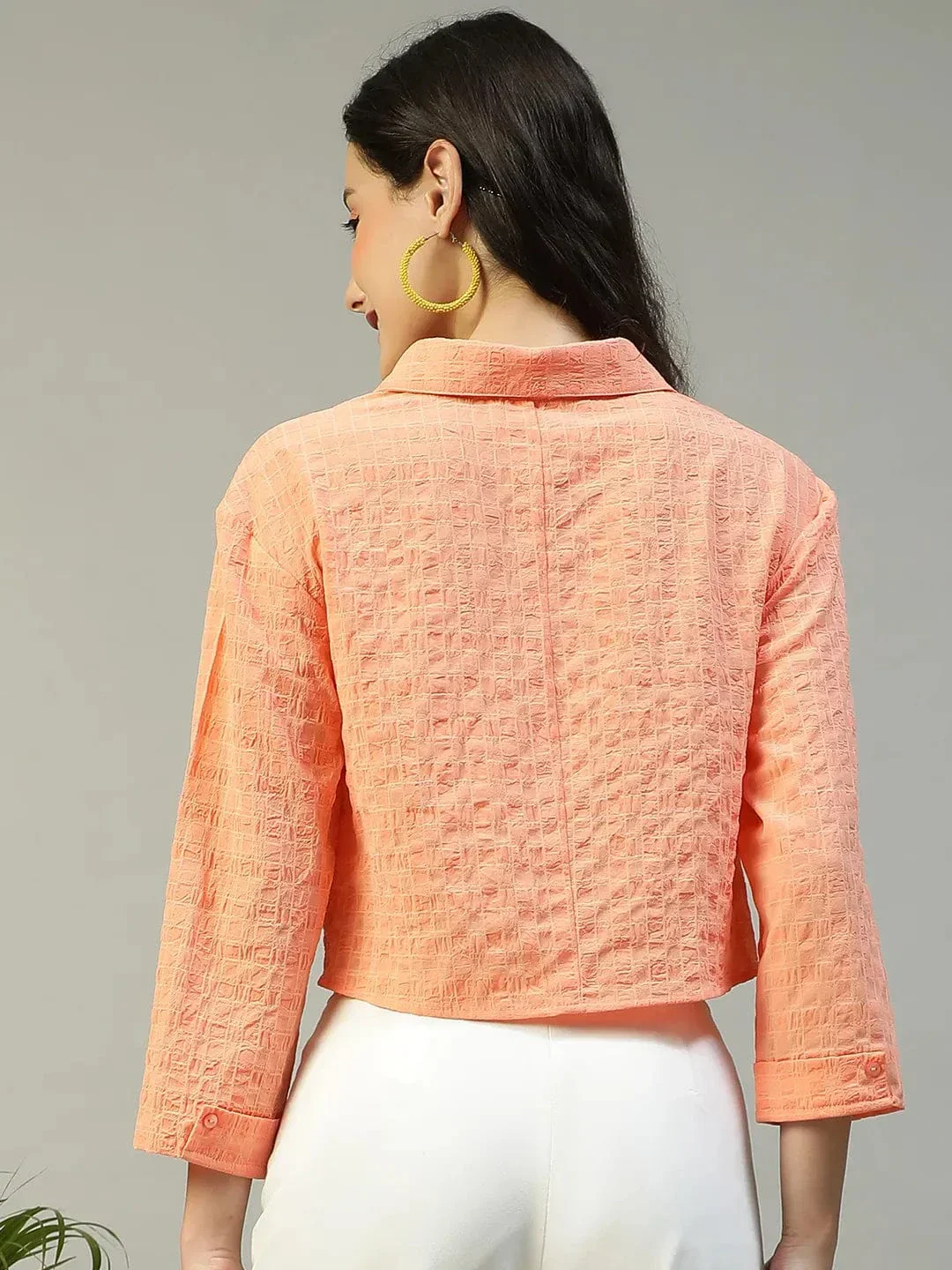 Preppy Coral Long Sleeve Open Collar Women Crop Shirt - Image 5