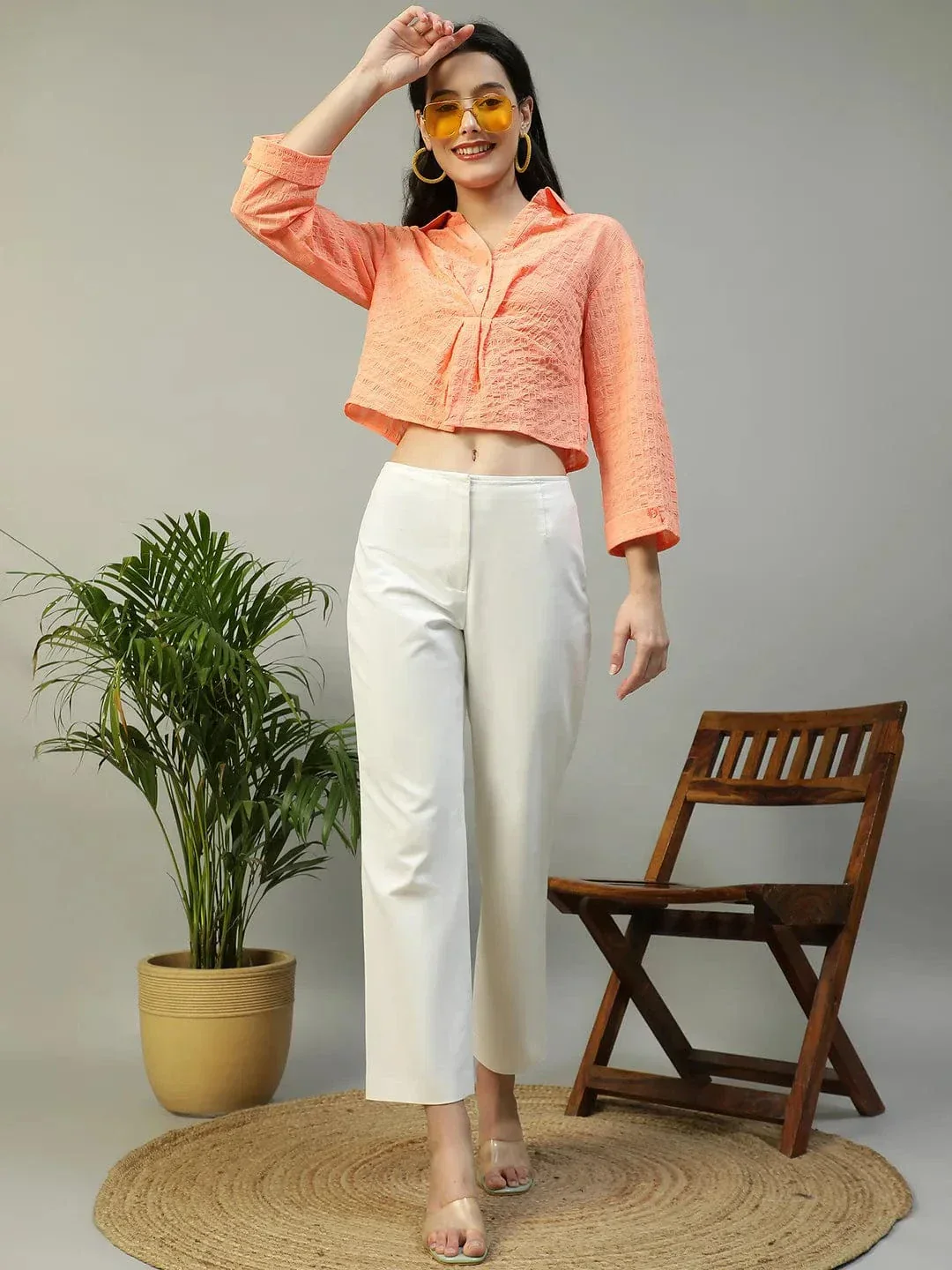 Preppy Coral Long Sleeve Open Collar Women Crop Shirt - Image 8
