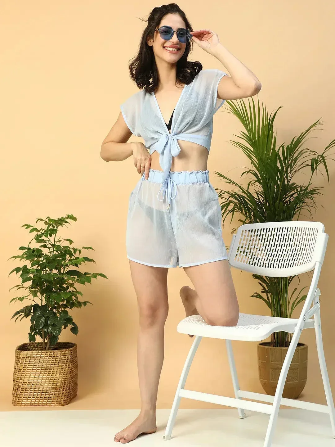 Preppy Solid White Elasticated Waist With Tie-Up Detail Women Beachwear Shorts - Image 8