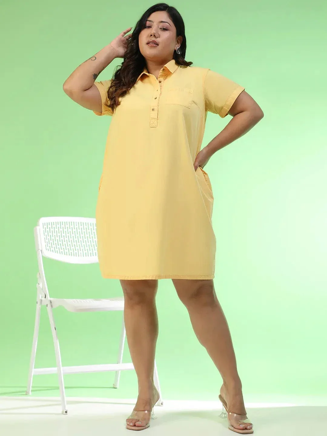 Preppy Yellow Collared Button Detail Short Sleeve Plus Size Women Cotton Dress - Image 2