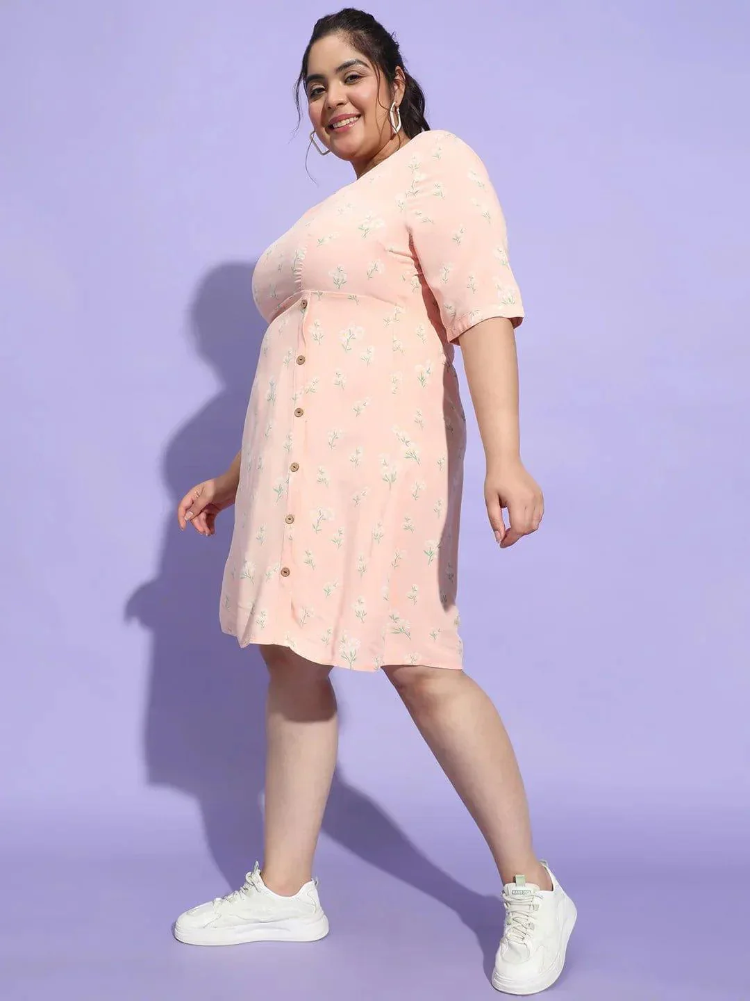 Prettyish Peach Floral Print Button Plus Size Curvy Dress - Image 3