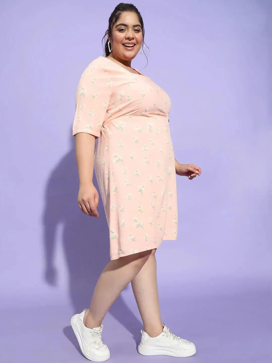 Prettyish Peach Floral Print Button Plus Size Curvy Dress - Image 4