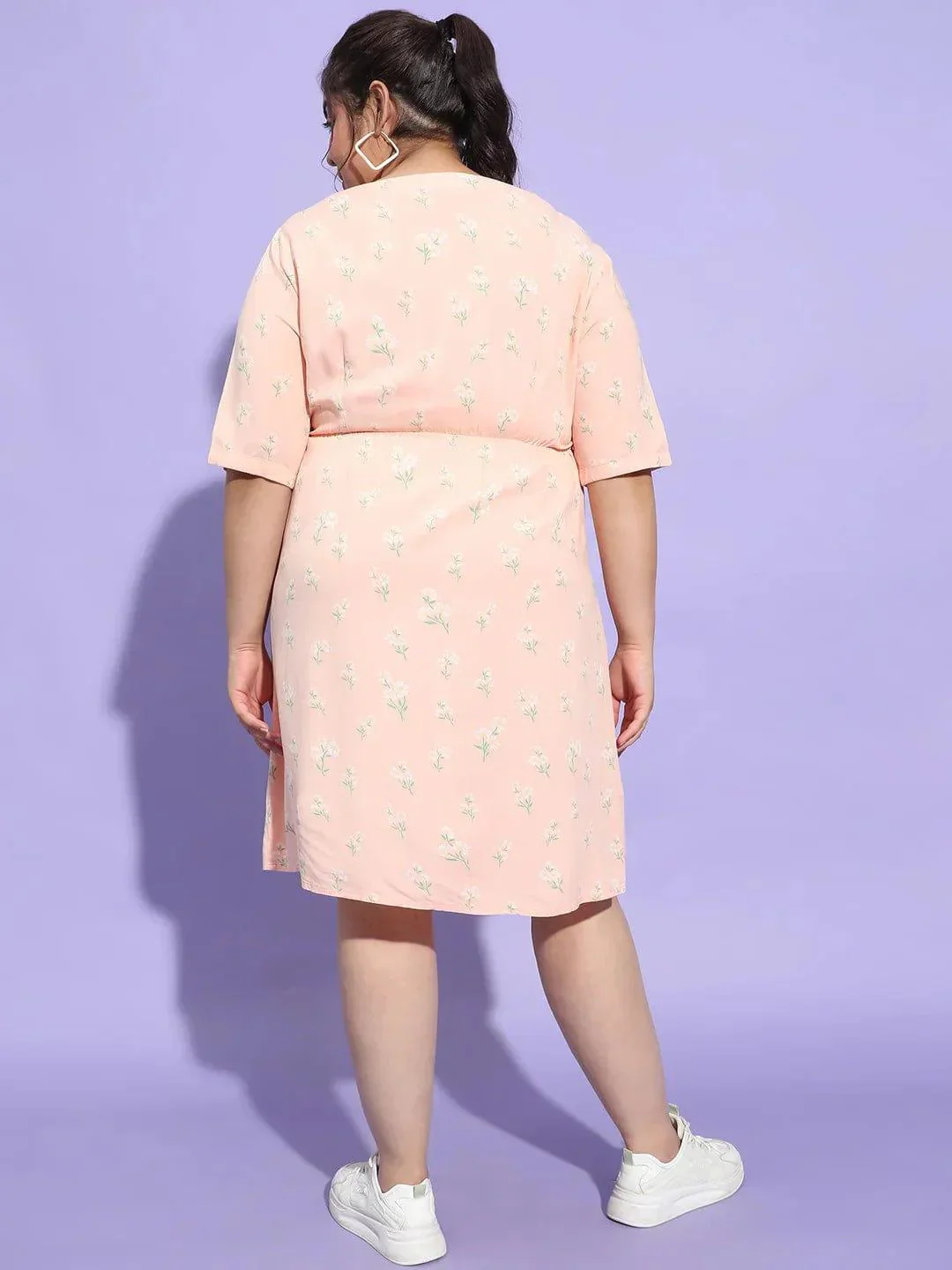 Prettyish Peach Floral Print Button Plus Size Curvy Dress - Image 5