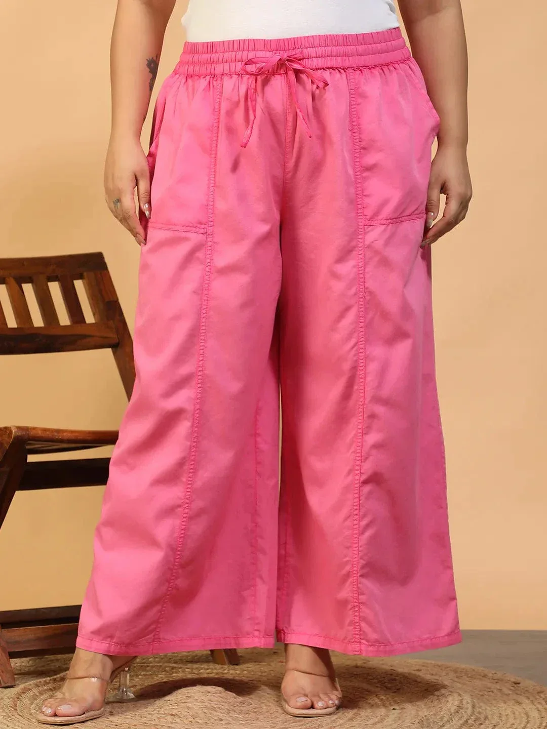 Prism Pink Elasticated With Tie-Up Detail Plus Size Women Long Cotton Pant
