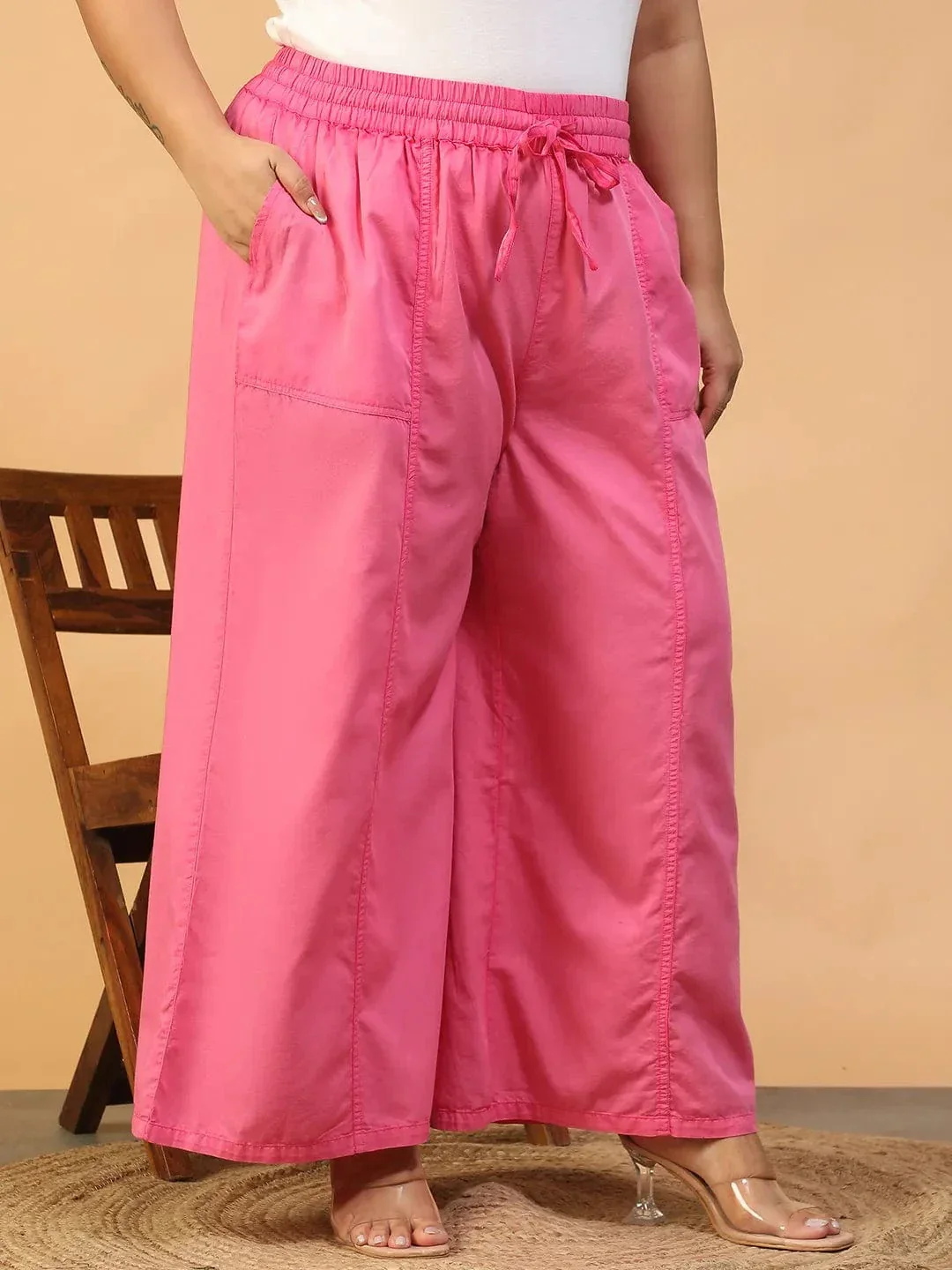 Prism Pink Elasticated With Tie-Up Detail Plus Size Women Long Cotton Pant - Image 4