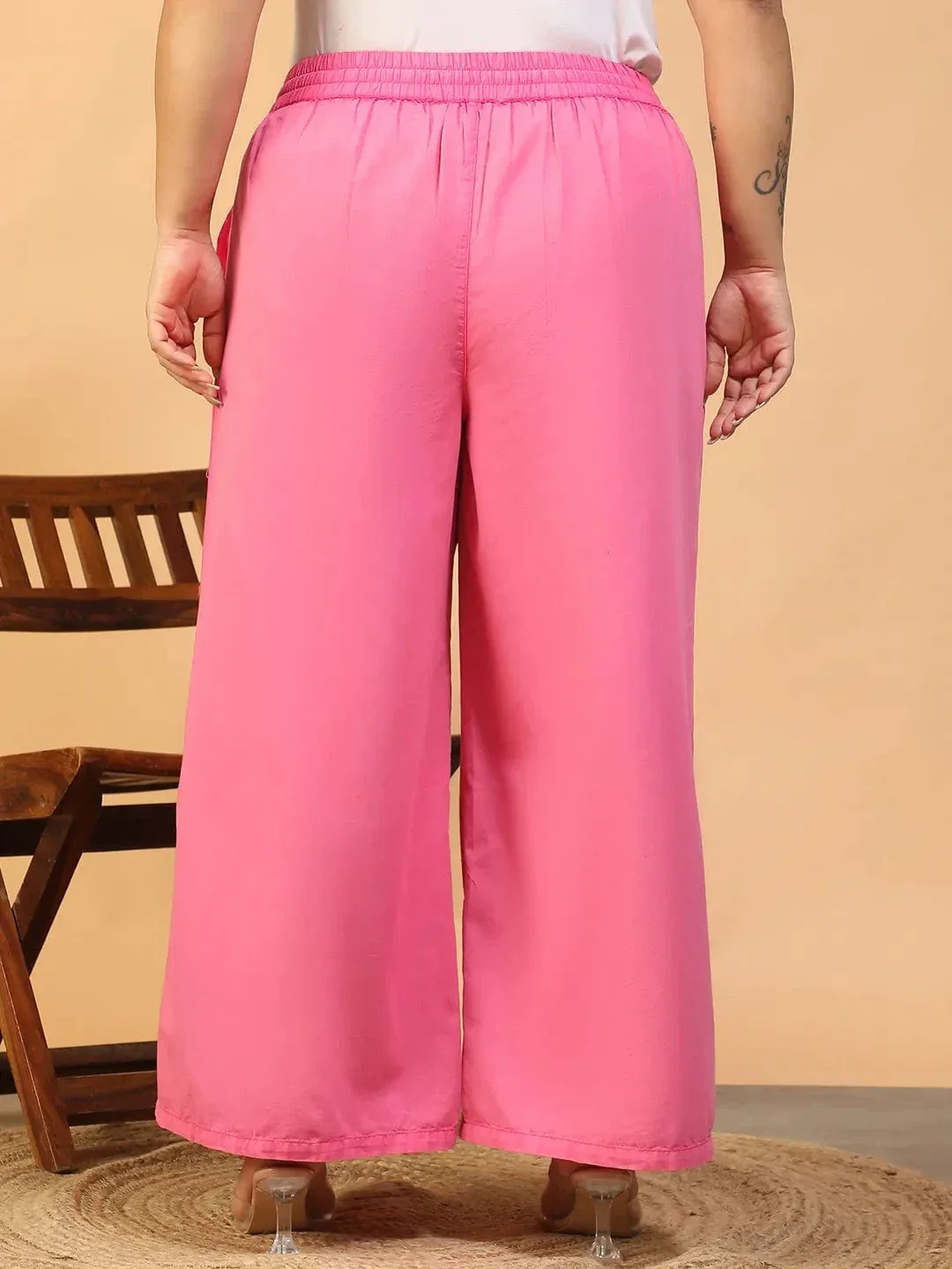 Prism Pink Elasticated With Tie-Up Detail Plus Size Women Long Cotton Pant - Image 5