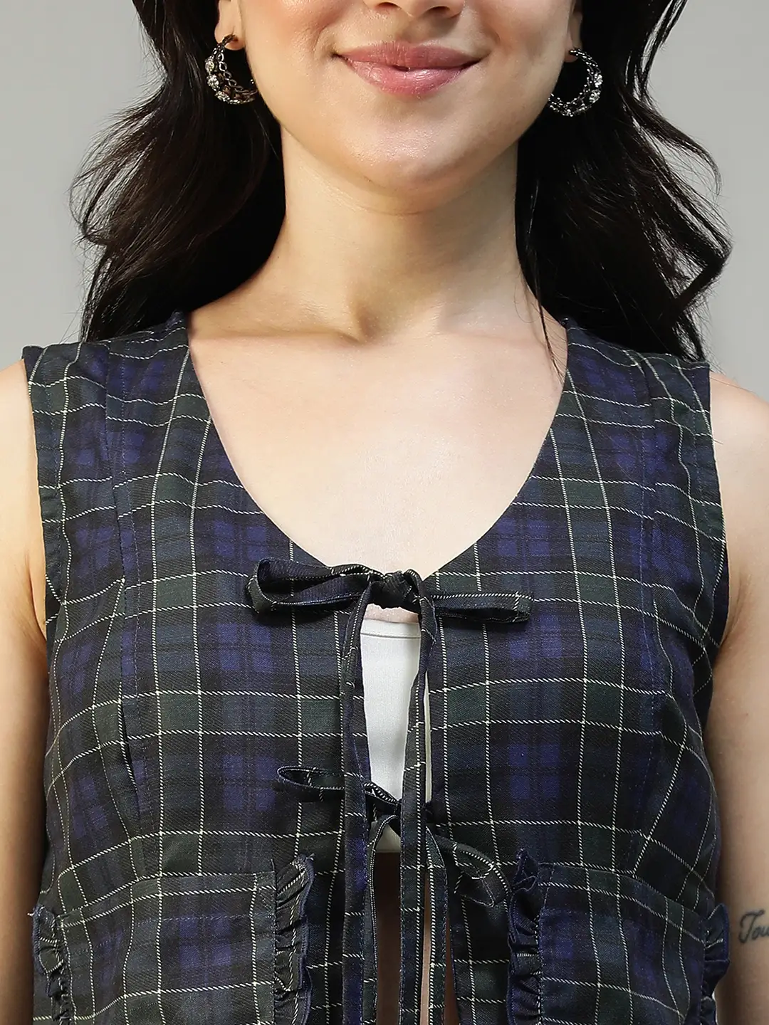 Purple Check Print Top & Elasticated Tie-Up Pants Co-Ord Set for Women - Image 2