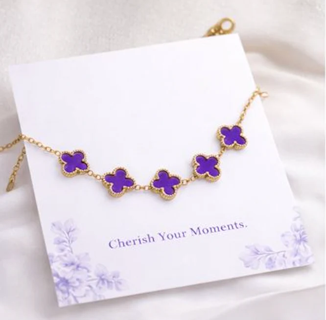 Purple Clover Flower Bracelet for Women – Gold Chain Adjustable Charm Bracelet