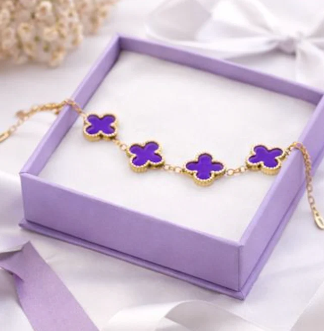 Purple Clover Flower Bracelet for Women – Gold Chain Adjustable Charm Bracelet - Image 4