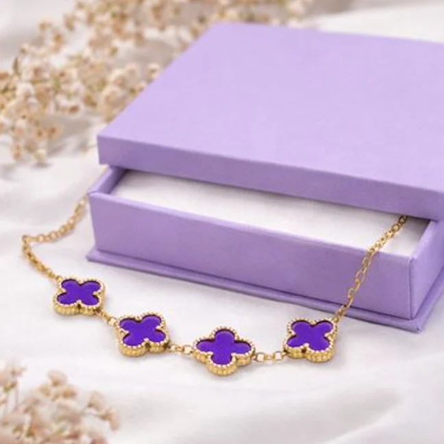Purple Clover Flower Bracelet for Women – Gold Chain Adjustable Charm Bracelet - Image 5