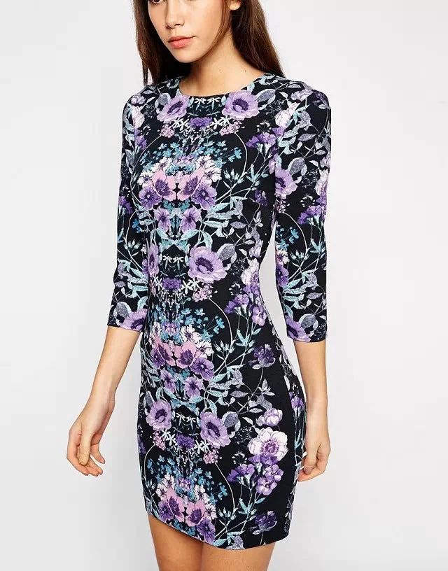 Purple Printed Back Cut Out Short Dress - Image 2