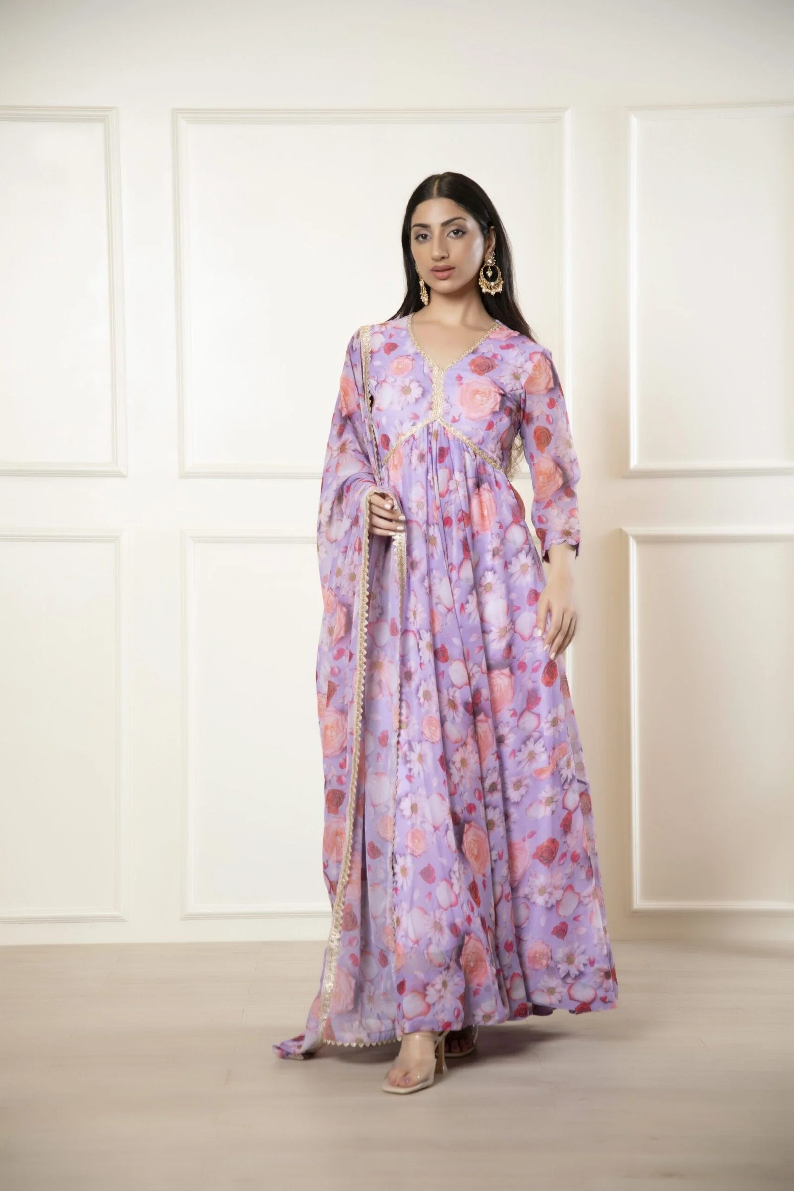 Purple Printed Ethnic Dress with Dupatta