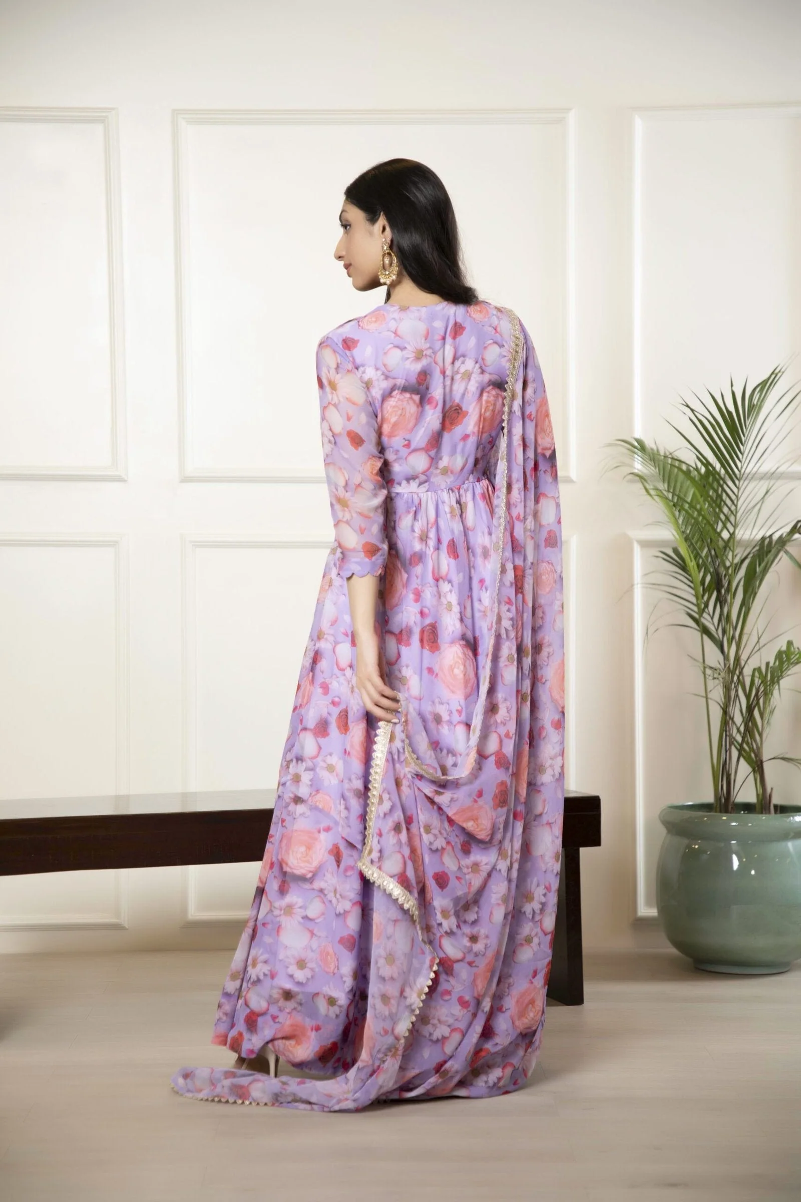 Purple Printed Ethnic Dress with Dupatta - Image 4